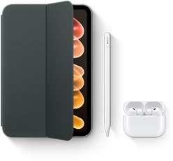 iPad mini vist med kompatibelt tilbehør, inkludert Smart Folio til iPad mini (A20 Pro), Apple Pencil USB-C og AirPods Pro 3