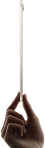 iPad mini vist fra siden, holdes i hånden, tynn og lett design
