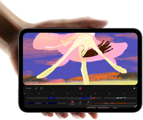 iPad mini vist forfra, holdt i en hånd, viser et grensesnitt for videoredigering med fargerike klipp, A20 Pro-chipen nevnt nedenfor