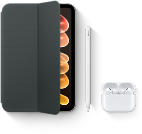 iPad mini vist med kompatibelt tilbehør, inkludert Smart Folio til iPad mini (A20 Pro), Apple Pencil USB-C og AirPods Pro 3