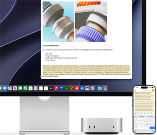 Mac mini vist forfra, plassert under Studio Display. En iPhone står til høyre for Mac mini og skjermen. Tekst markeres med kommandoene klipp ut, kopier, lim inn og autoutfyll øverst på iPhone, som samsvarer med den markerte teksten på skjermen. Universelle utklipp brukes.