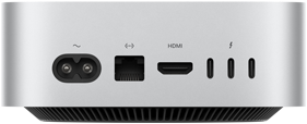 Mac mini vist bakfra, strømforsyning, Ethernet-port, HDMI-port, tre Thunderbolt-porter
