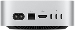 Mac mini vist bakfra, strømforsyning, Ethernet-port, HDMI-port, tre Thunderbolt-porter