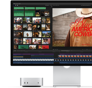 En Mac mini sammenkoblet med Studio Display. Til høyre vises en tittelbilde fra en film kalt Black American Cowboy, og til venstre vises flere stillbilder.