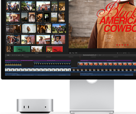 En Mac mini sammenkoblet med Studio Display. Til høyre vises en tittelbilde fra en film kalt Black American Cowboy, og til venstre vises flere stillbilder.
