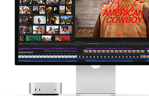 En Mac mini sammenkoblet med Studio Display. Til høyre vises en tittelbilde fra en film kalt Black American Cowboy, og til venstre vises flere stillbilder.