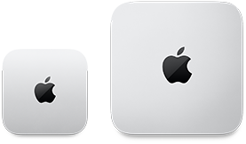 To Mac mini-enheter sett ovenfra i sølvfarget aluminium med avrundede hjørner og en blank svart Apple-logo i midten. Enheten til venstre er en nyere modell og er mindre enn halvparten så stor som enheten til høyre.