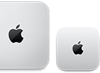To Mac mini-enheter sett ovenfra i sølvfarget aluminium med avrundede hjørner og en blank svart Apple-logo i midten. Enheten til venstre er en nyere modell og er mindre enn halvparten så stor som enheten til høyre.