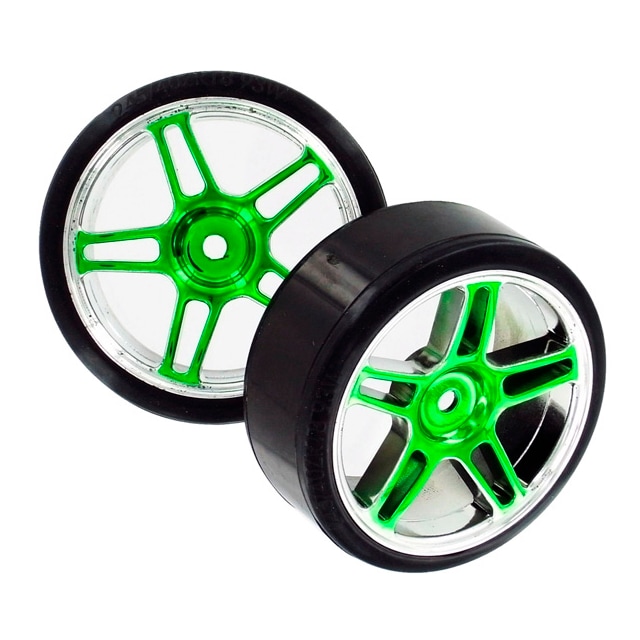 HSP Drift Tyres w. Chrome Wheels - Green 2pcs