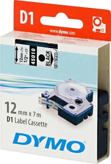 DYMO D1 märktejp standard 12mm, svart på transparent, 7m rulle (4501