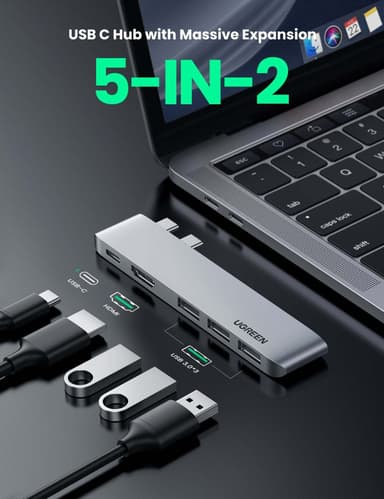 Ugreen 5Ports USB-C Docking Station HDMI 4K 30Hz USB C Gen 2 10Gbps PD 87W 3XUSB3.1 Port 5Gbps for MacBook M1, MacBook Pro og MacBook Air