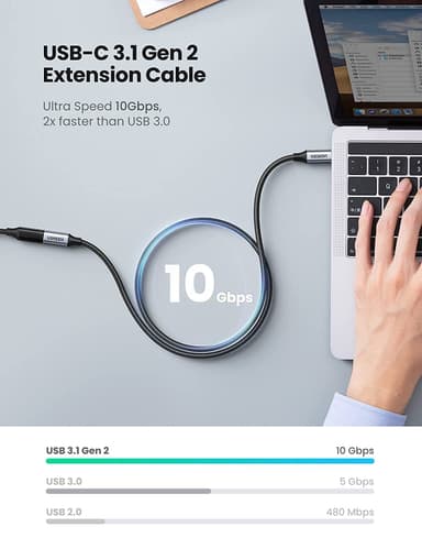 Ugreen USB C Extension Cable Mann til Kvinne Gen2 10Gbps 100W Thunderbolt3 1m