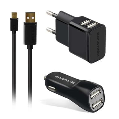 Promate Chargmate Charger Kit 2Port 2.1a USB Wall Charger 2Port 3.1a USB bil lader og USB-kabel 1.2m svart