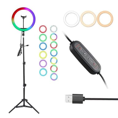 LED RGB Ring Light 30cm Diameter med mobilholder med stativ og gulvstand 5 Trinn Dimmable 19 Lysmodus Selfie Lamping Ring Lamping Ring Light