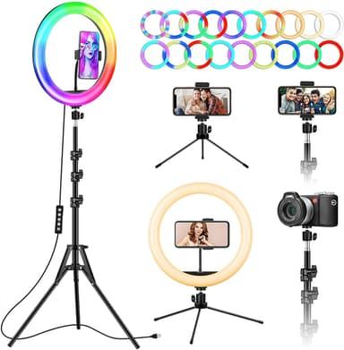 LED RGB Ring Light 30cm Diameter med mobilholder med stativ og gulvstand 5 Trinn Dimmable 19 Lysmodus Selfie Lamping Ring Lamping Ring Light