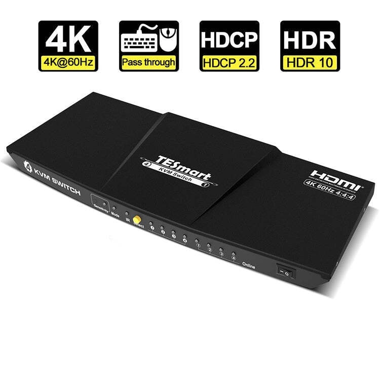 NÖRDIC KVM Switch 4 til 1 HDMI 2.0 4K 60Hz 3xUSB L/R-lyd for PC, Xbox, PS5 og bærbar HDR10 HDCP2.2