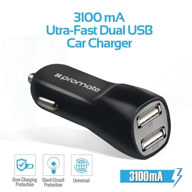 Promate Chargmate Charger Kit 2Port 2.1a USB Wall Charger 2Port 3.1a USB bil lader og USB-kabel 1.2m svart