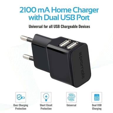 Promate Chargmate Charger Kit 2Port 2.1a USB Wall Charger 2Port 3.1a USB bil lader og USB-kabel 1.2m svart