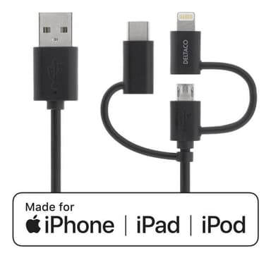 DELTACO Universal Charge and Sync cable, 2m, Micro USB, USB-C, Lightni
