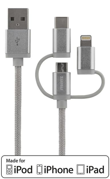 DELTACO 3in1 USB Sync/Charging,universal,USB-2.0,2.4A/12W,MFi,1m,silve