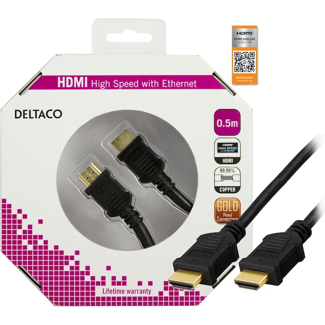 DELTACO HDMI-kabel, v1.4+Ethernet, 19-pin ha-ha, 1080p, svart, 0,5m