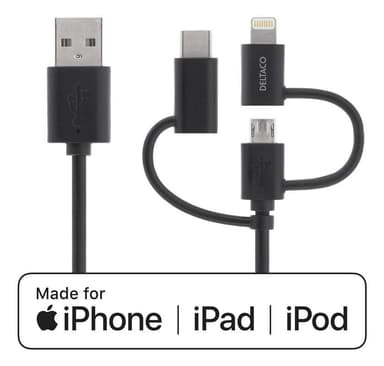 DELTACO Universal Charge and Sync cable, 2m, Micro USB, USB-C, Lightni
