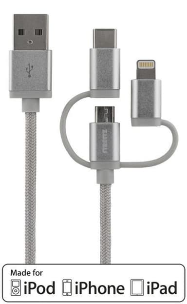 DELTACO 3in1 USB Sync/Charging,universal,USB-2.0,2.4A/12W,MFi,1m,silve