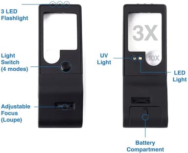 Forstørrelsesglass 3X / 10X mikroskop 55X med LED og UV-lampe