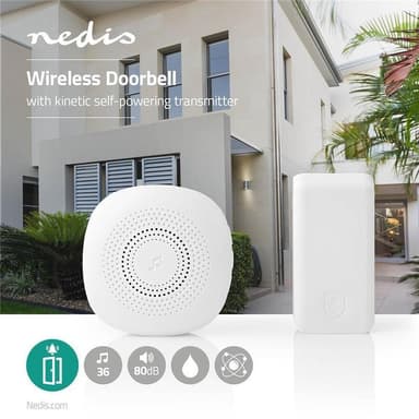 Nedis Trådløs ringeklokke Set | Nettstrøm drevet | 220 - 240 V AC 50 Hz | 1x CR2032 | Volum: 80 dB | Signalområde (siktelinje): 100 m | Justerbar volum | 36 Melodier | 1 Mottaker | Hvit