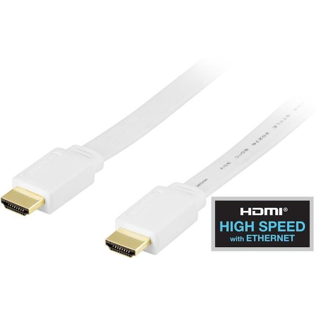 DELTACO HDMI-kabel, v1.4+Ethernet, 19-pin ha-ha, 1080p, flat, vit, 2m