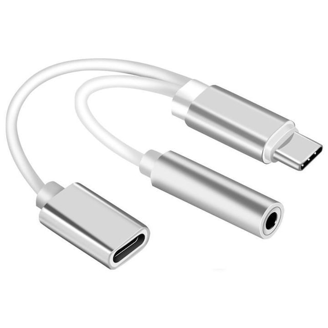 Dual Adapter USB-C til 3,5 mm jack og lading, Sølv
