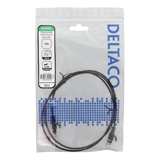 deltaco U/UTP Cat6 patch cable slim, 2.6 mm⌀, 1m, 500MHz, black