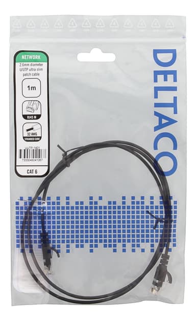 deltaco U/UTP Cat6 patch cable slim, 2.6 mm⌀, 1m, 500MHz, black