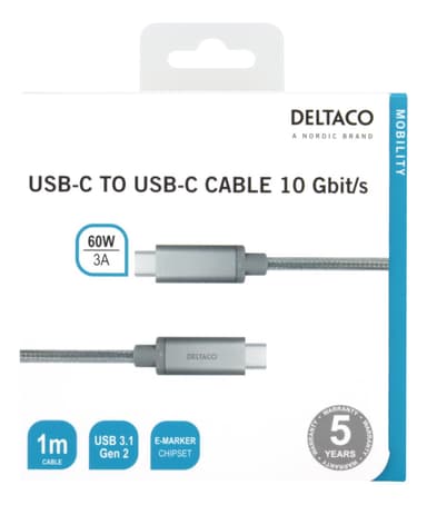 deltaco USB-C to USB-C cable, 1m, 60W USB PD, 10 Gbps, silver