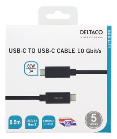 deltaco USB-C to USB-C cable, 0.5m, 60W USB PD, 10 Gbps, black