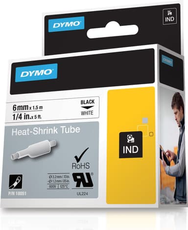DYMO RhinoPRO merkbar krympeslange 6 mm, svart på hvit, 1,5 m rulle