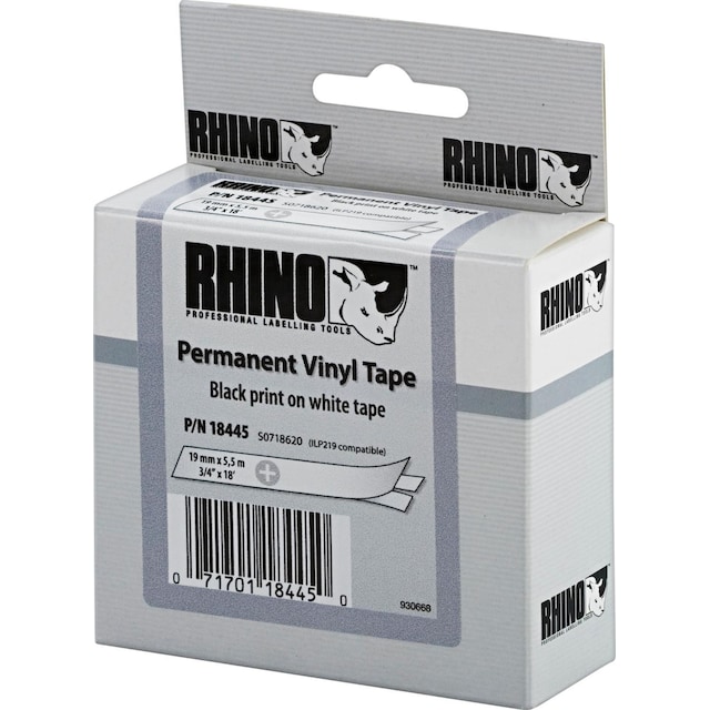 DYMO RhinoPRO merkebånd perm vinyl 19mm, svart på hvit, 5,5m rull