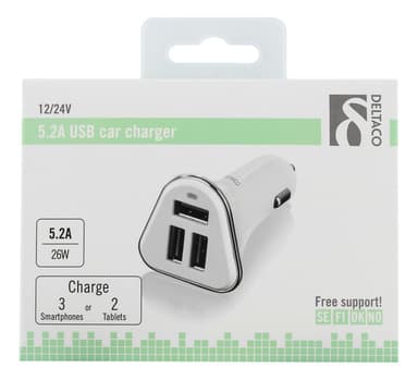 deltaco Car charger, 5.2 A, 3x USB-A, 12-24 V DC input, white/silver