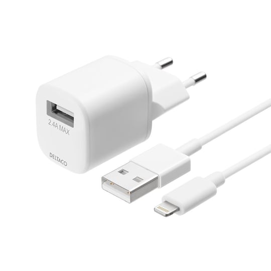 deltaco USB wall charger, USB-A, 2.4 A, incl. 1 m USB-A to Lightning