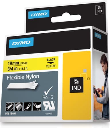 DYMO RhinoPRO etikettbånd flex nylon 19mm, svart på gul