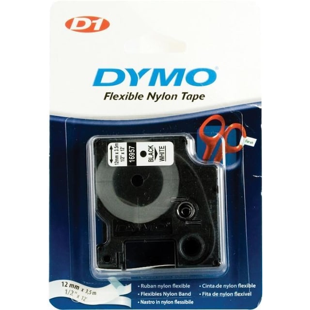 DYMO D1 märktejp flex nylon 12mm, svart på vitt, 3.5m rulle