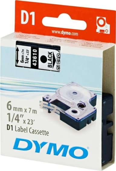 DYMO D1 märktejp standard 6mm, svart på transparent, 7m rulle (43610
