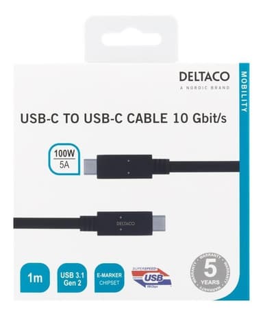 DELTACO USB-C to USB-C cable, 1m, 10Gbps, 100W 5A, USB 3.1 Gen 2, E-Ma