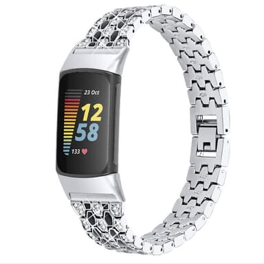 Klokkearmbånd som er kompatibelt med Fitbit Charge 5 Alloy / Rhinestone Black / White