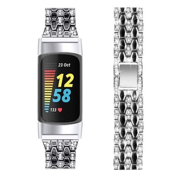 Klokkearmbånd som er kompatibelt med Fitbit Charge 5 Alloy / Rhinestone Black / White