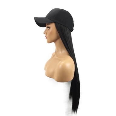 Cap med lang rett parykk for dame Svart 62 cm