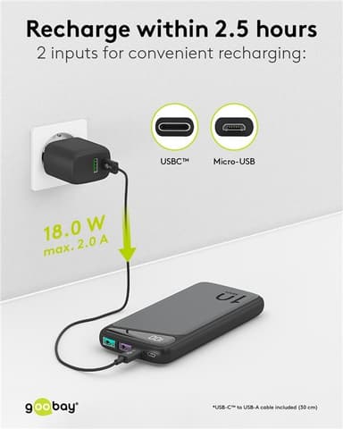 Goobay Hurtigladende Powerbank 10 000 mAh (USB-C™ PD, QC 3.0)