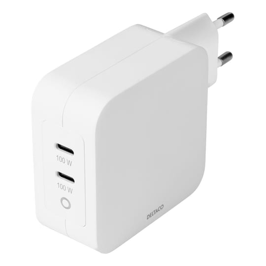 deltaco USB-C wall charger, GaN technology, 2x USB-C PD, total 100 W