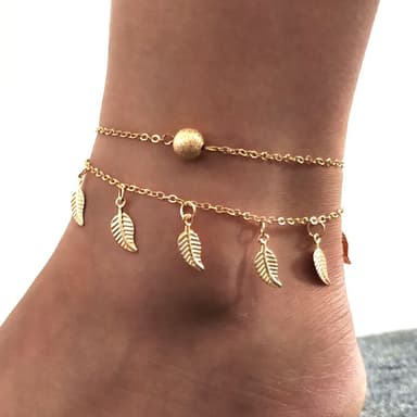 Dobbel-lags frynsede blad anklet kvinners ankel kjede fotkjede Gull