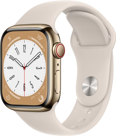 Apple Watch Series 8 41mm Cellular (rustfritt stål i gull / stjerneskinn sportsreim)